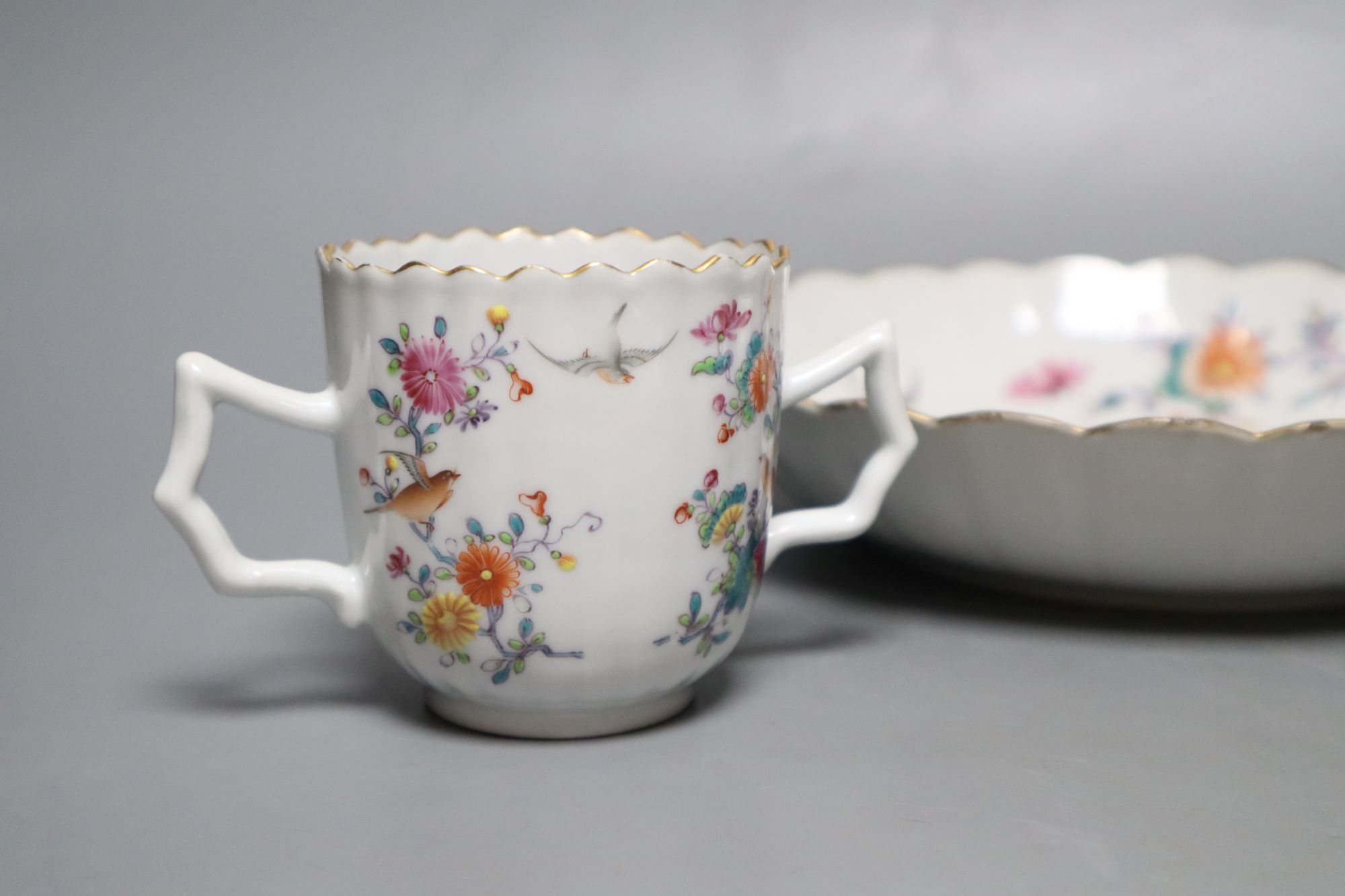 Three pieces of 18th century Chinese wares: tea cup, saucer and dish